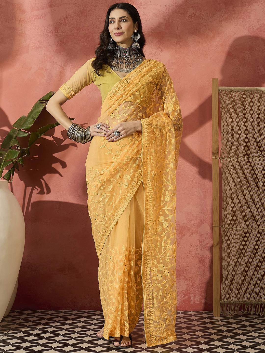 

Sangria Embroidered Saree With Blouse Piece, Yellow