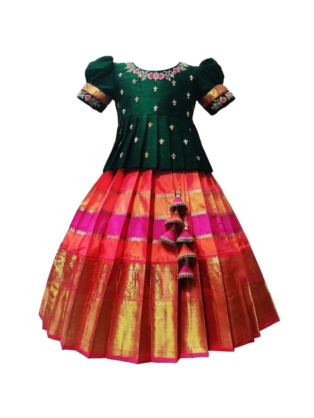 

Wommaniya Impex Girls Embroidered Thread Work Ready to Wear Lehenga &, Green