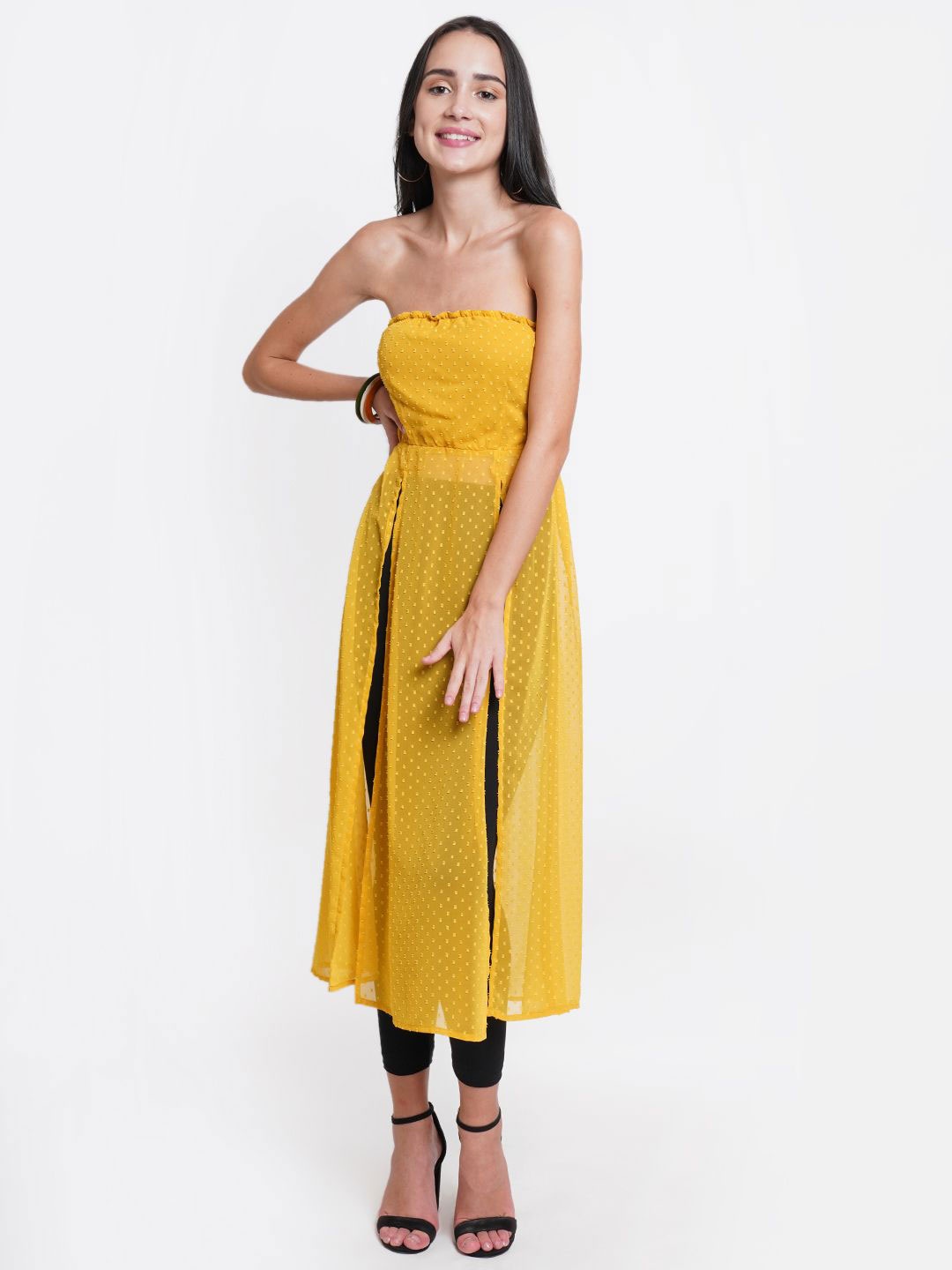

MISS HAUTE Women Self Design Tube Longline Top, Yellow