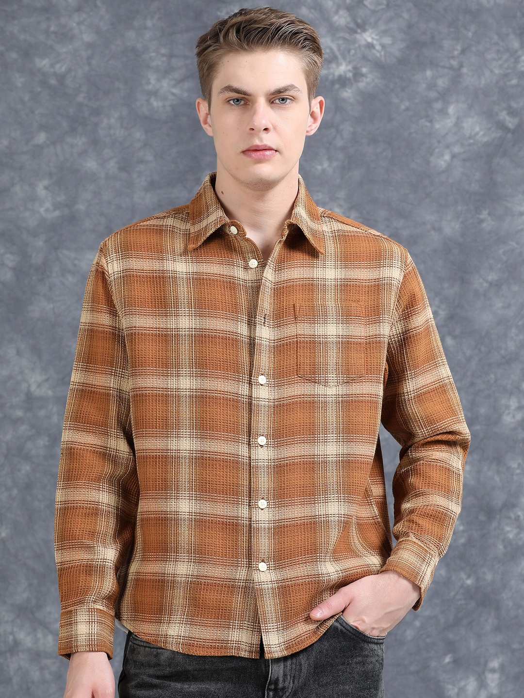 

StitchX Men Relaxed Fit Spread Collar Tartan Checked Casual Shirt, Brown
