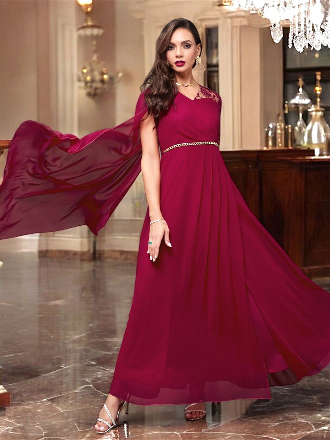 

Miss Chase V-Neck Georgette Maxi Dress, Maroon