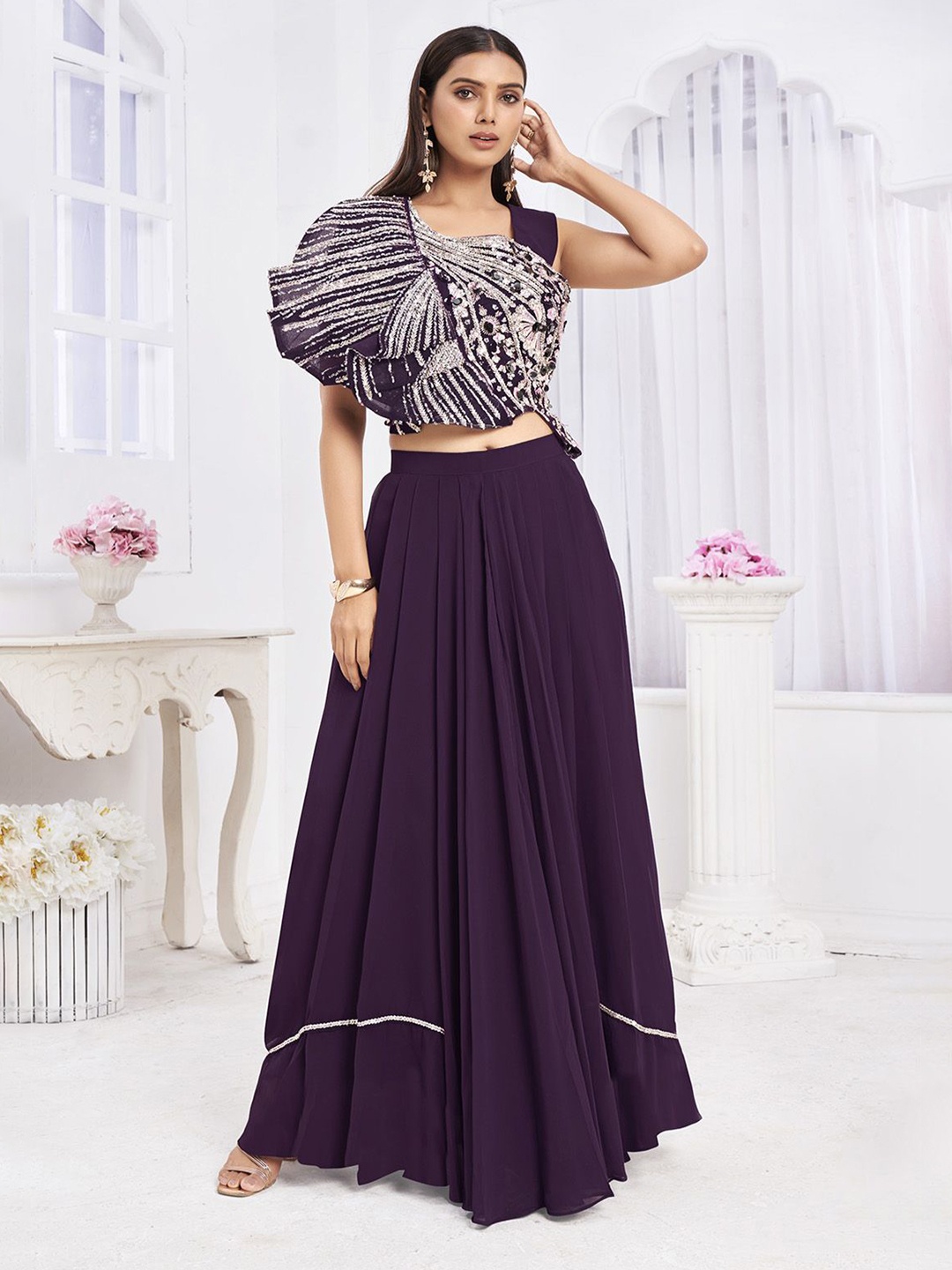 

Krimmple Floral Embroidered Thread Work Ready to Wear Lehenga & Choli, Violet