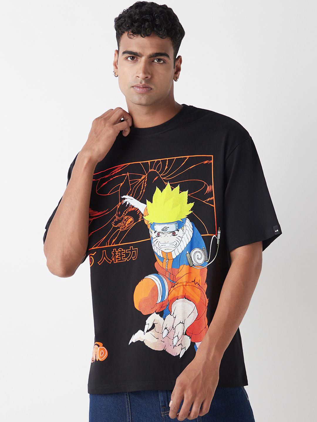 

Bewakoof Men Naruto Graphic Printed Round Neck Cotton Oversized T-shirt, Black