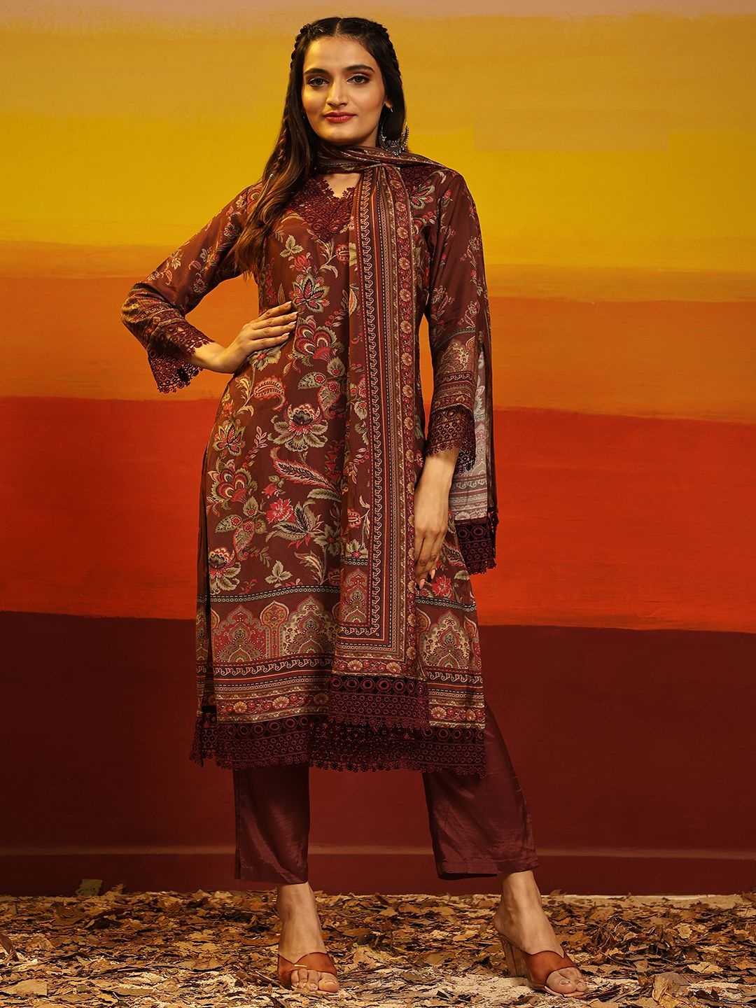 

Krimmple Women Floral Printed Regular Pure Silk Kurti with Pyjamas & With Dupatta, Maroon