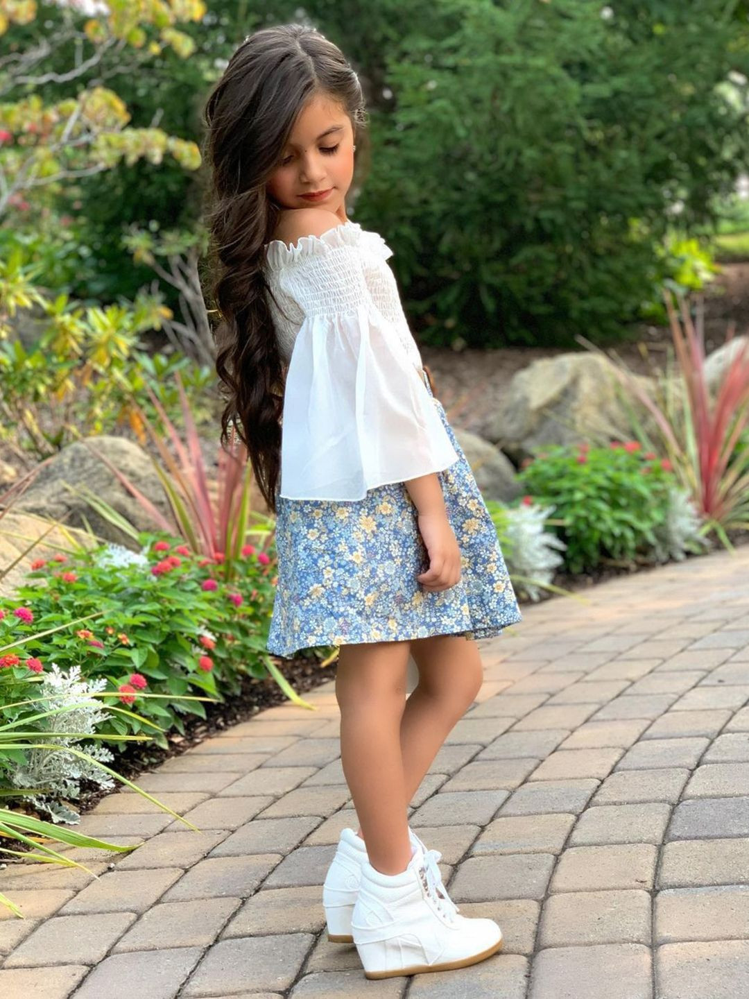 

YK Girls Off Shoulder Flared Sleeves Top With Skirt, White