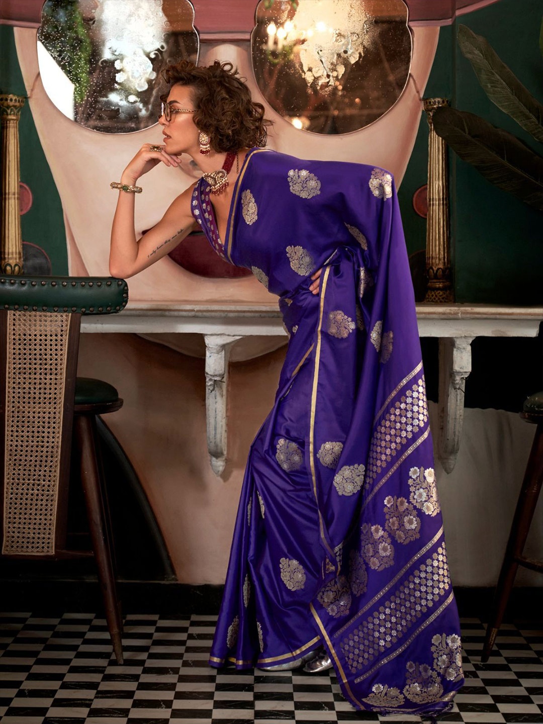 

ODETTE Woven Design Zari Satin Saree, Purple