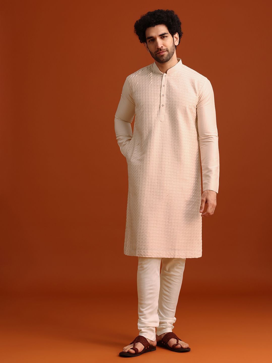 

KALKI Fashion Chevron Self Design Thread Work Straight Kurta With Churidar, Beige