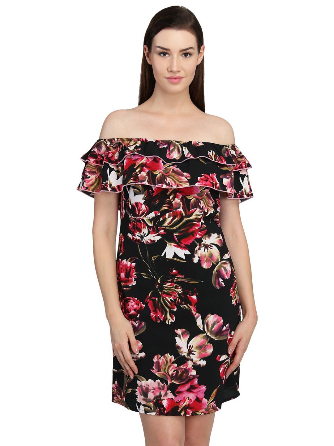 

MISS HAUTE Women Floral Printed A-Line Mini Dress, Black