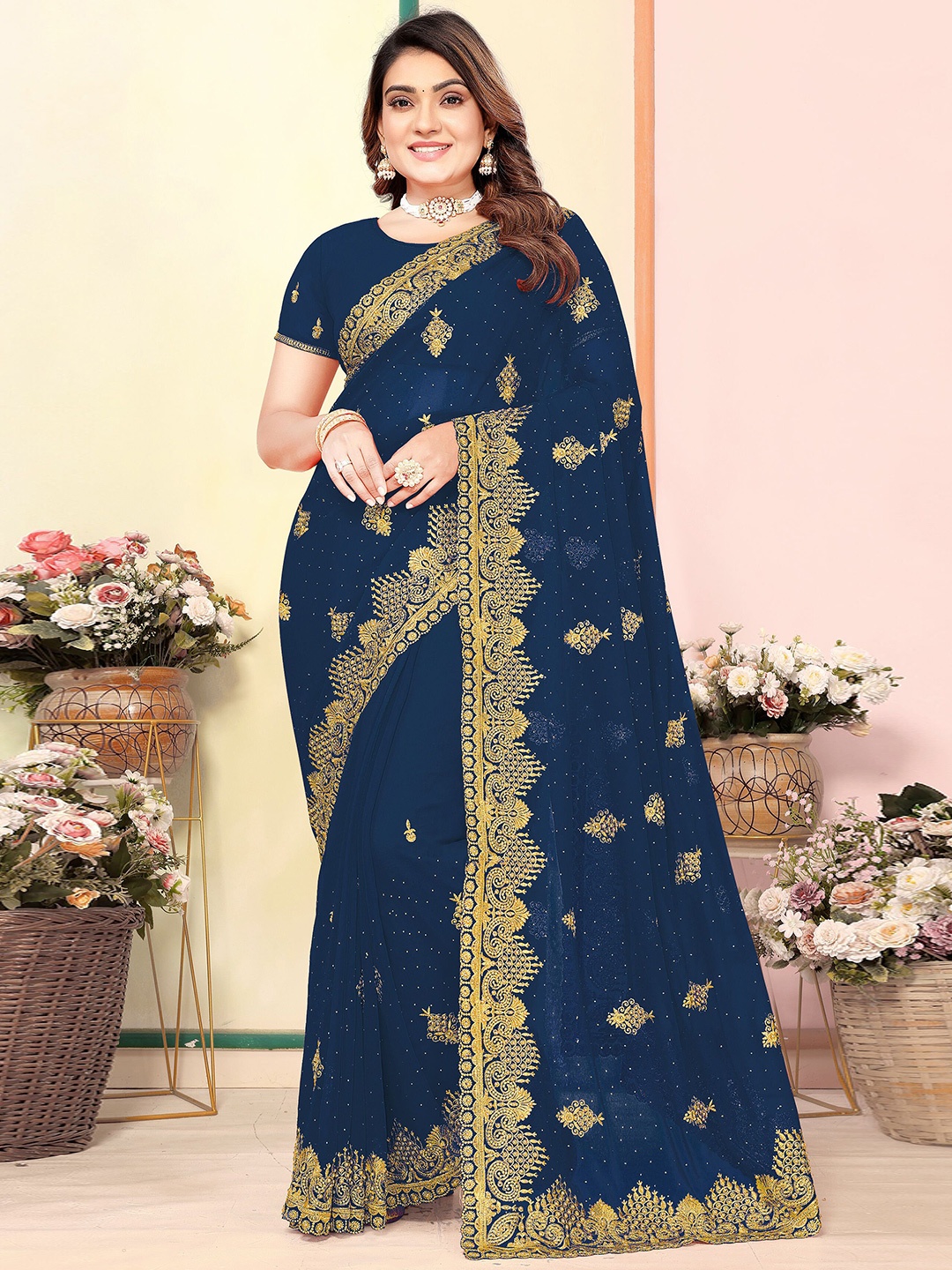 

KHRITI FAB Floral Embroidered Pure Georgette Heavy Work Saree, Navy blue