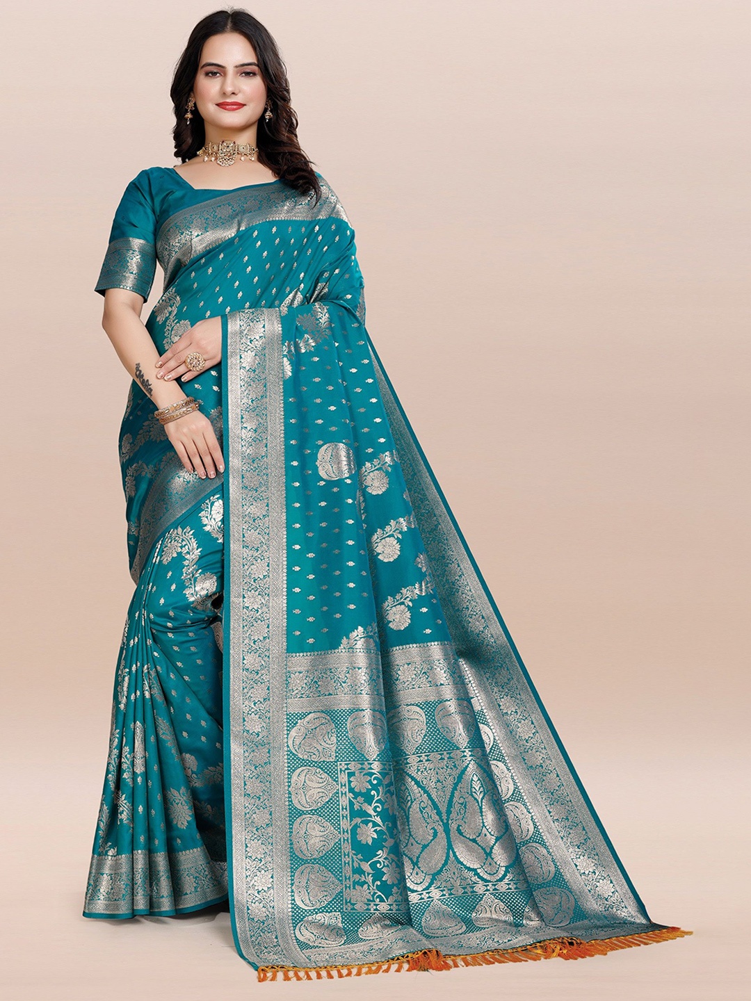 

TORONFRAS Ethnic Motifs Zari Banarasi Saree, Turquoise blue