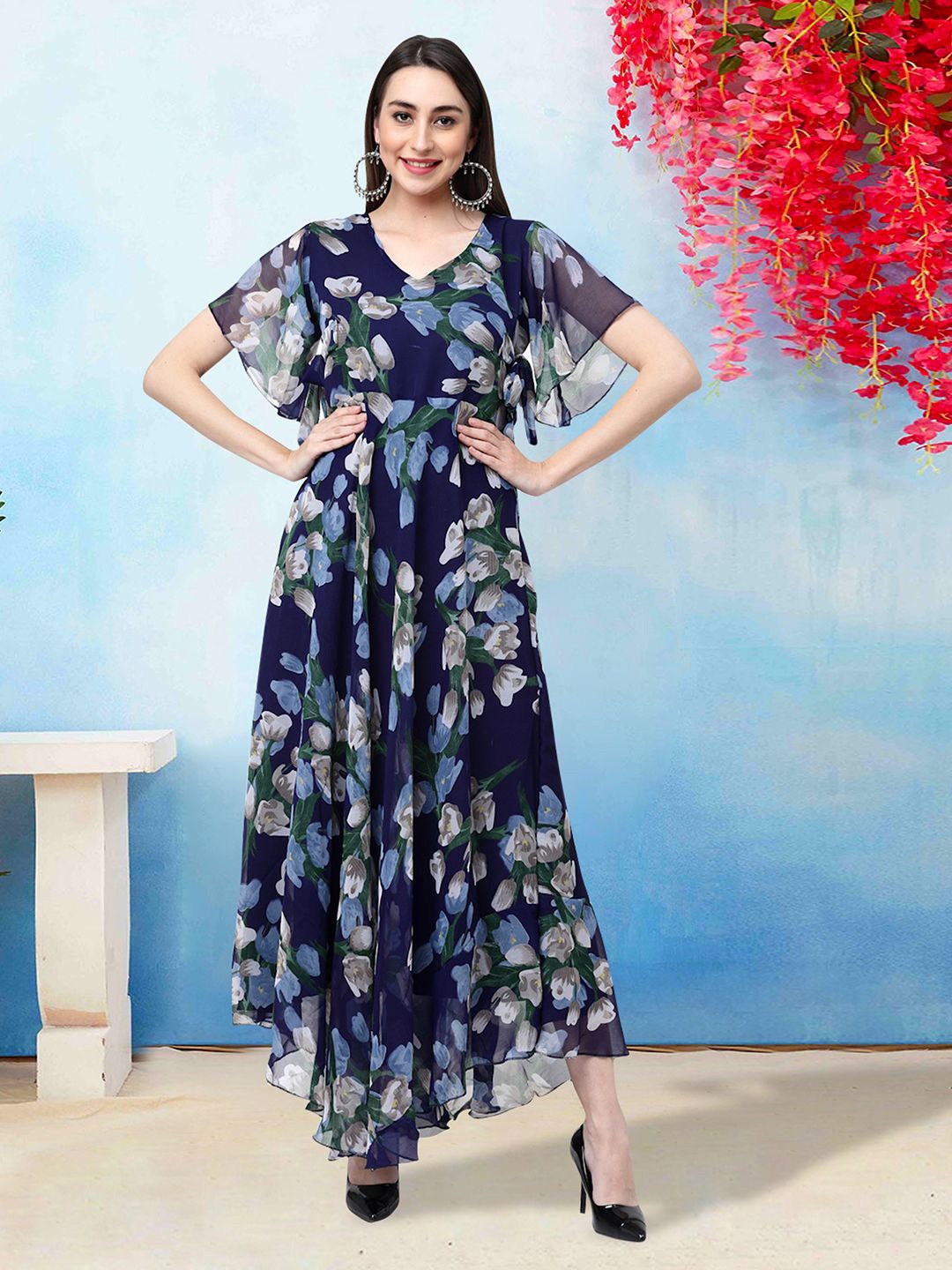 

MISS AYSE Women Floral Printed Flared Sleeves Maxi Dress, Navy blue