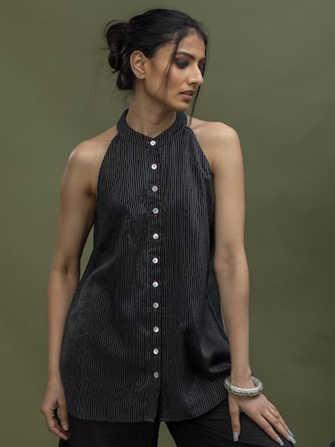 

SMRITI GUPTA Striped Cotton Shirt Style Top, Black