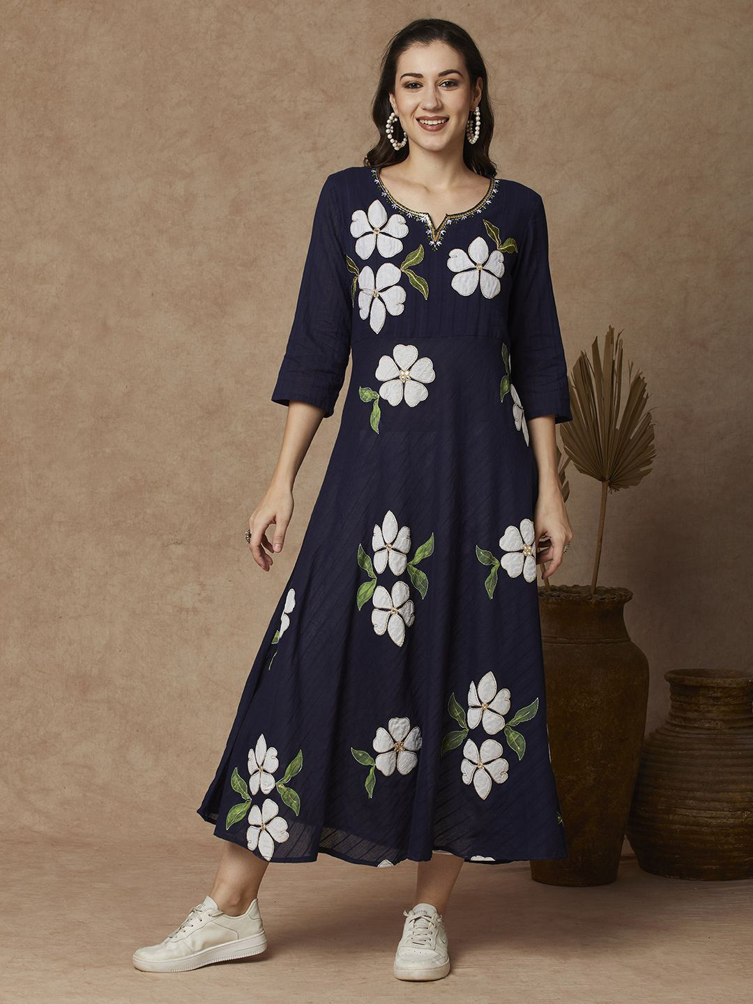 

FASHOR Women Floral Printed Cotton A-Line Maxi Dress, Blue