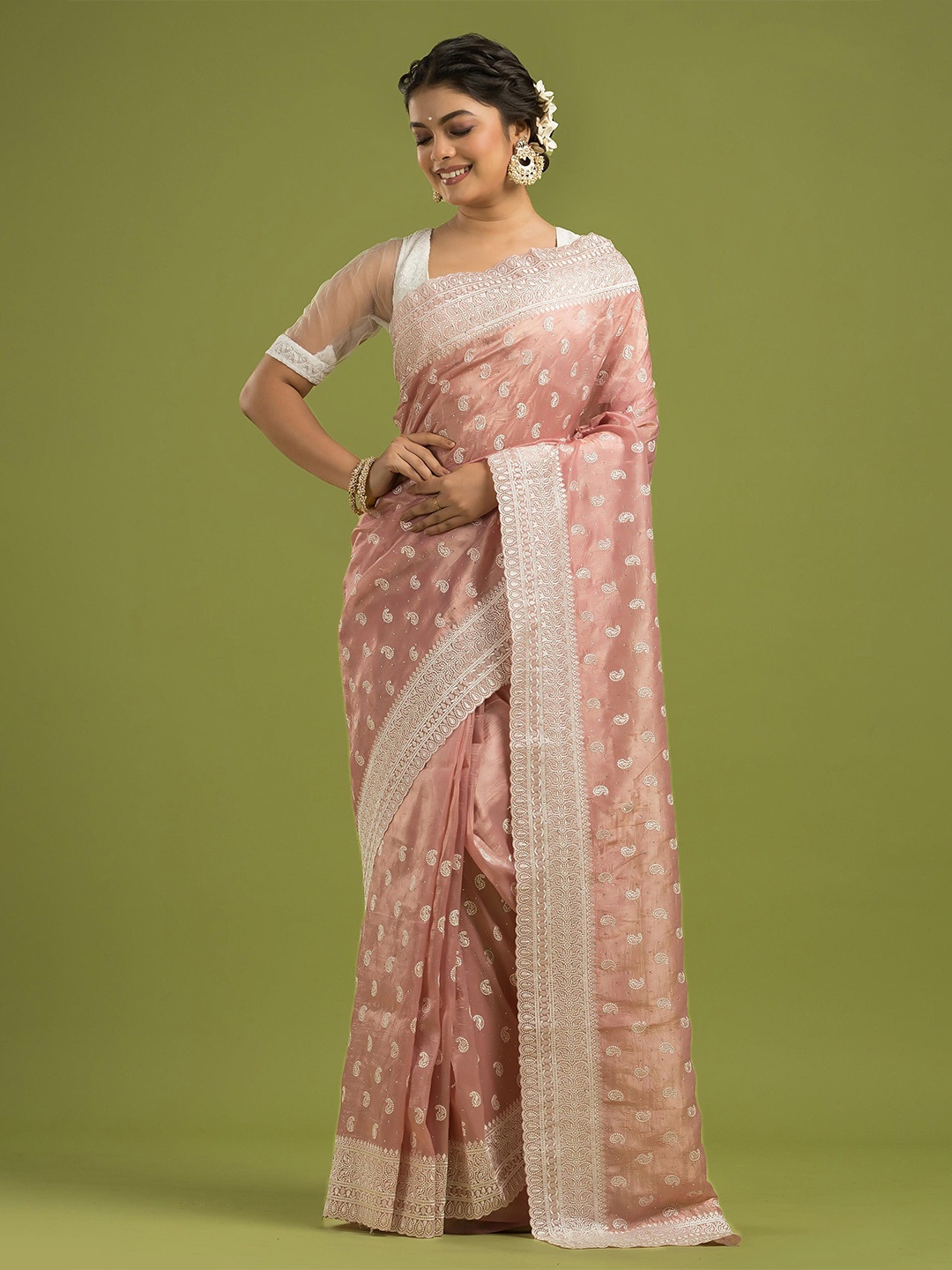 

Dheu Floral Organza Designer Saree, Pink