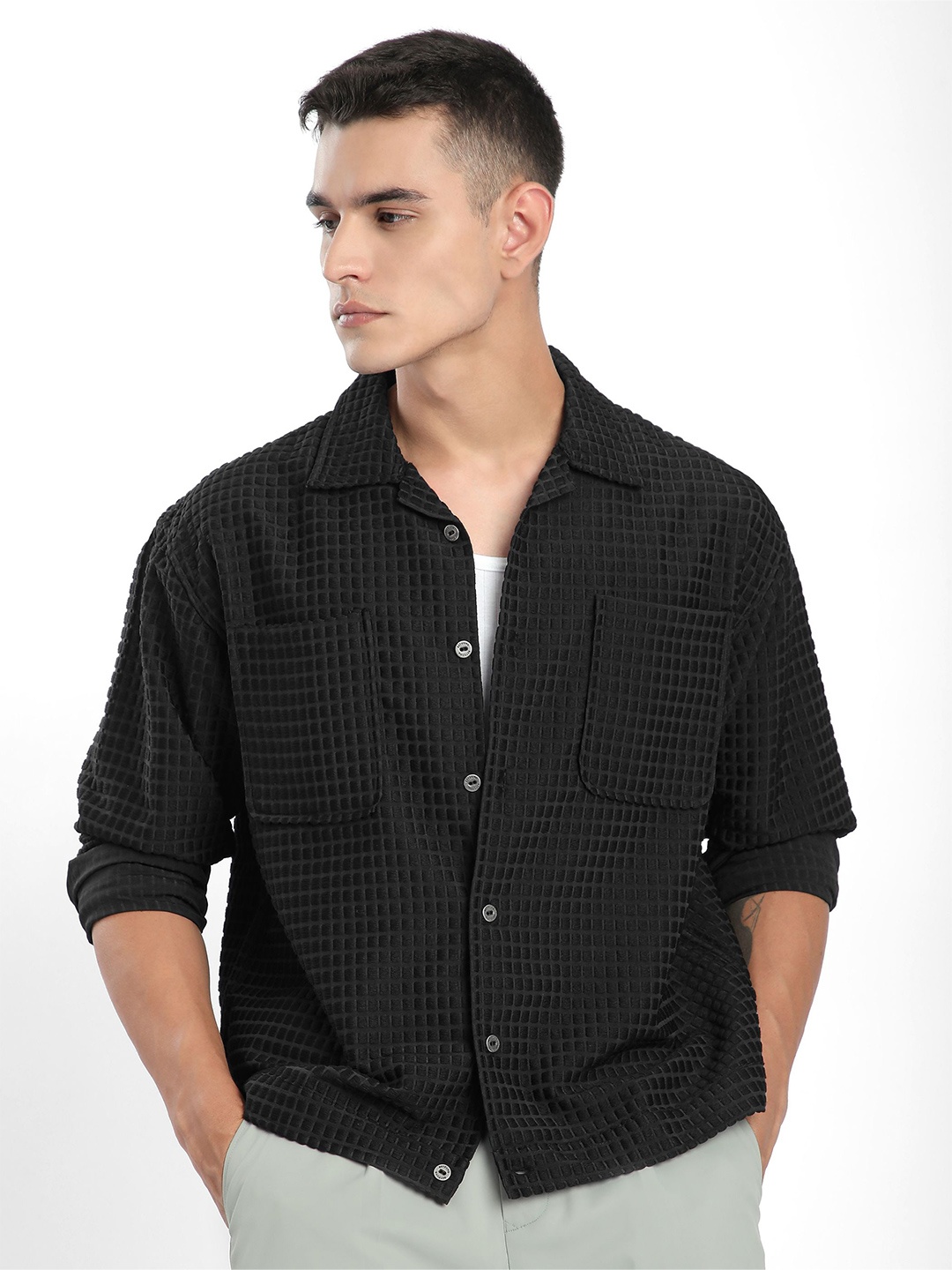 

Beyoung Men Relaxed Fit Cuban Collar Micro Checked Casual Shirt, Black