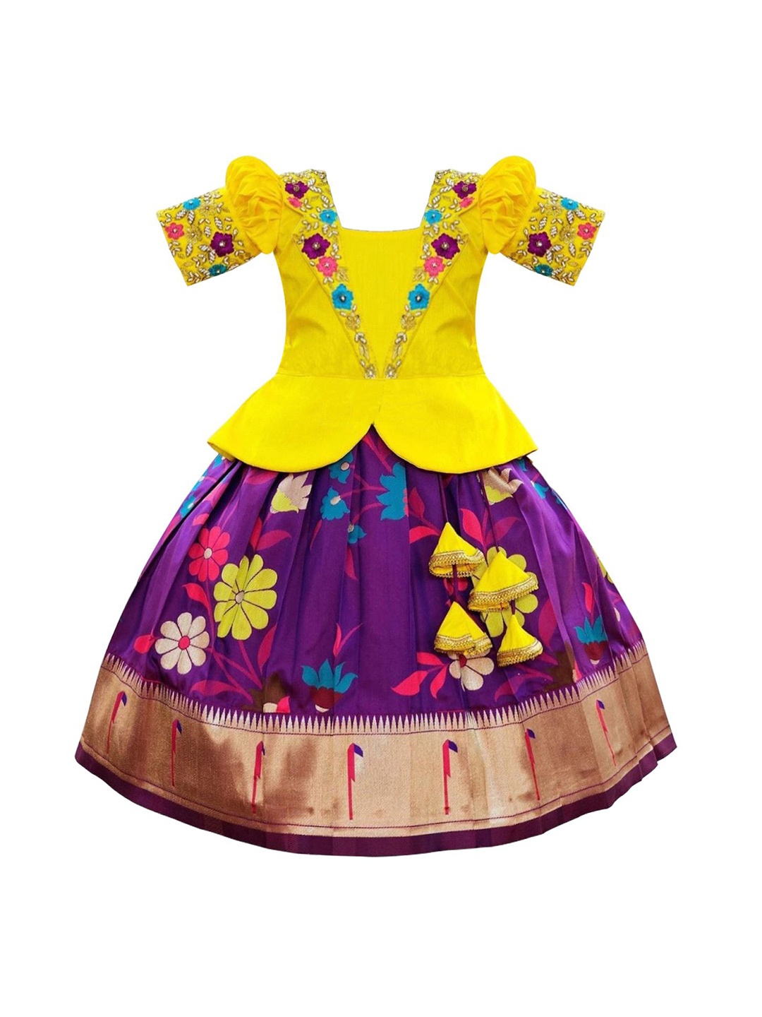 

Wommaniya Impex Girls Embroidered Thread Work Ready to Wear Lehenga &, Yellow