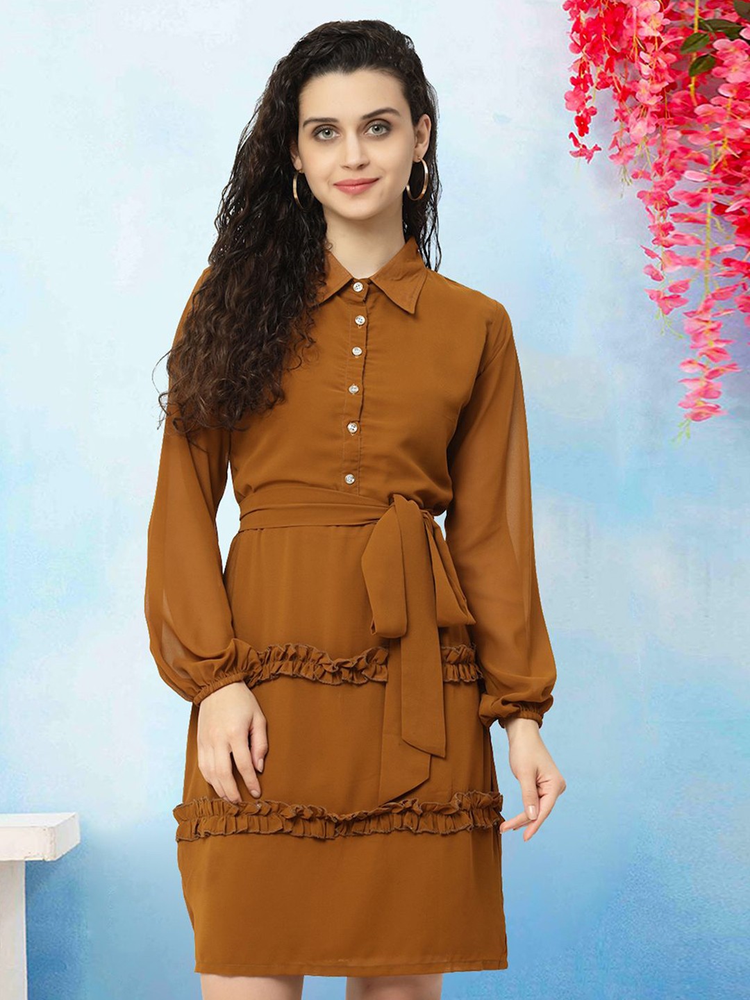 

MISS AYSE Women Shirt Collar Fit & Flare Dress, Brown
