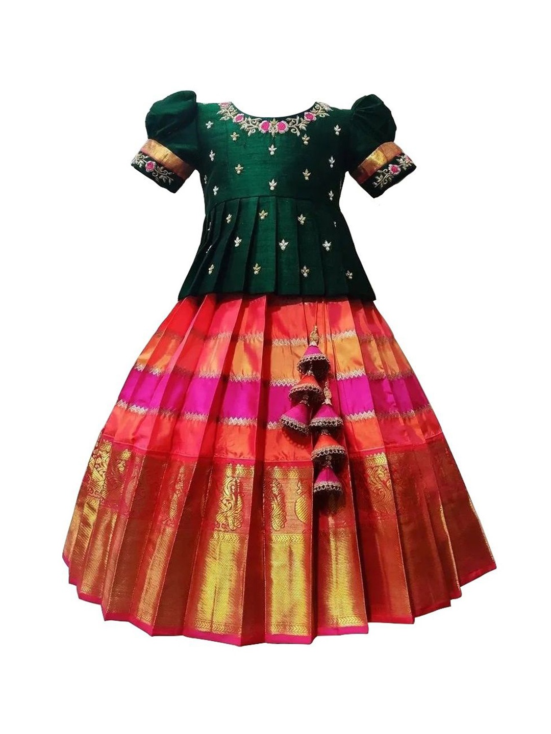 

Wommaniya Impex Girls Embroidered Thread Work Ready to Wear Lehenga &, Green