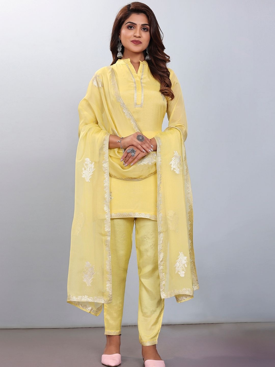 

Krimmple Women Floral Embroidered Regular Thread Work Kurti with Pyjamas & With Dupatta, Yellow