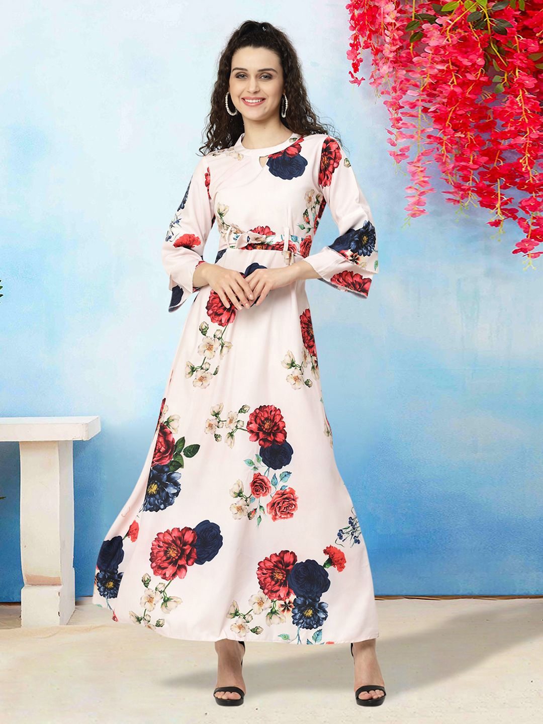 

MISS AYSE Floral Print Applique Fit & Flare Dress, White