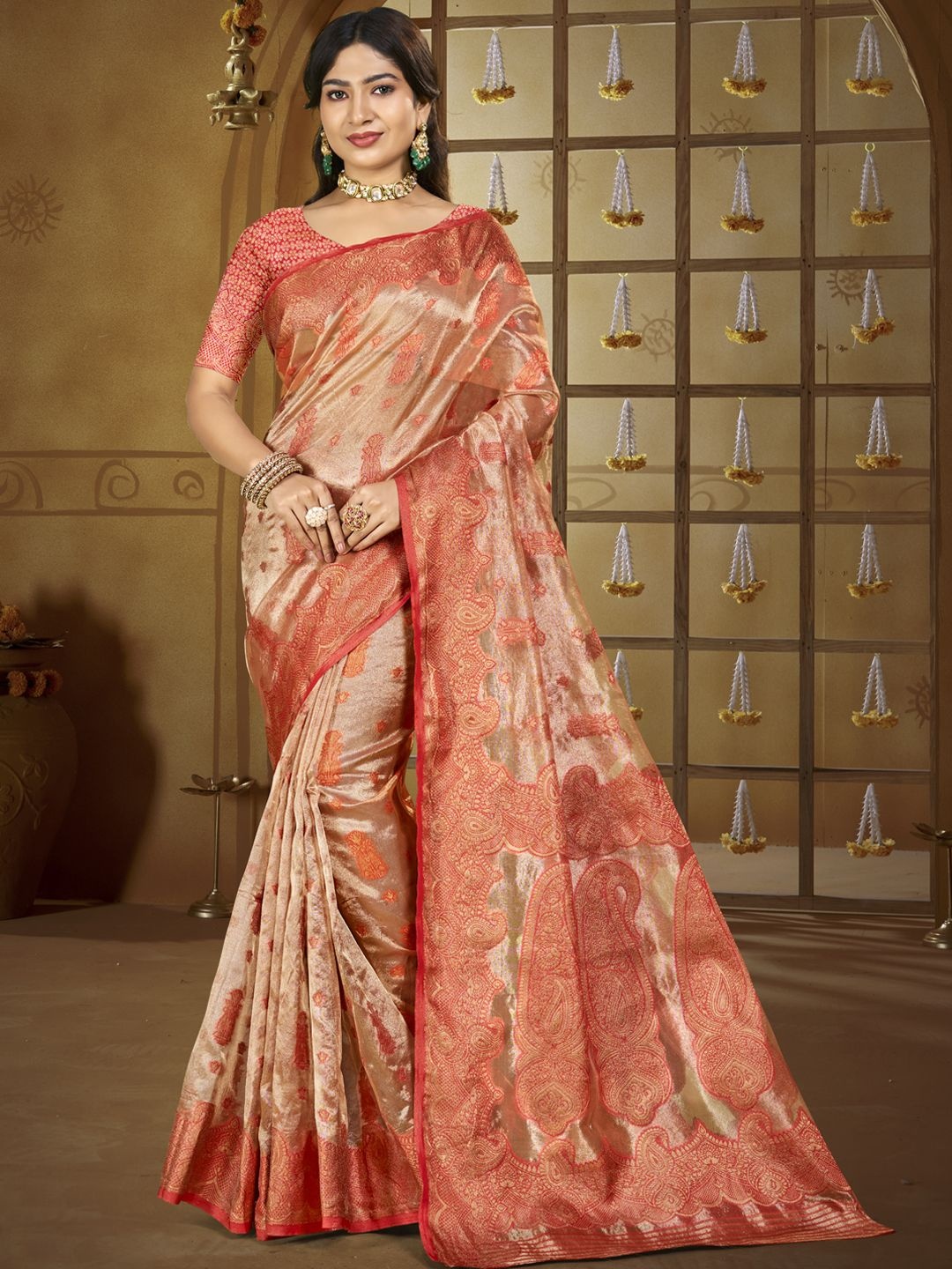 

SANGAM PRINTS Ethnic Motifs Zari Tussar Saree, Peach