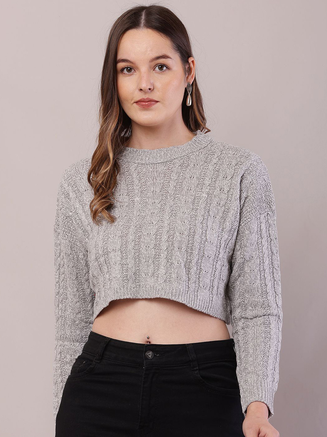 

NoBarr Women Cable Knit Crop Pullover, Grey