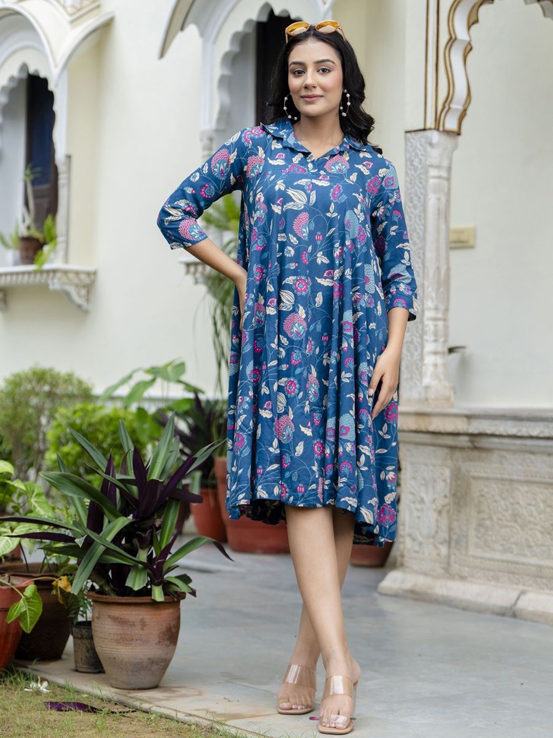 

Jollity Floral Printed Shirt Collar A-Line Dress, Blue