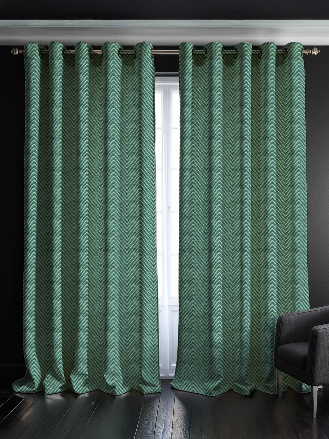 

URBAN SPACE Green 2 Pieces Self Design Black Out Long Door Curtains