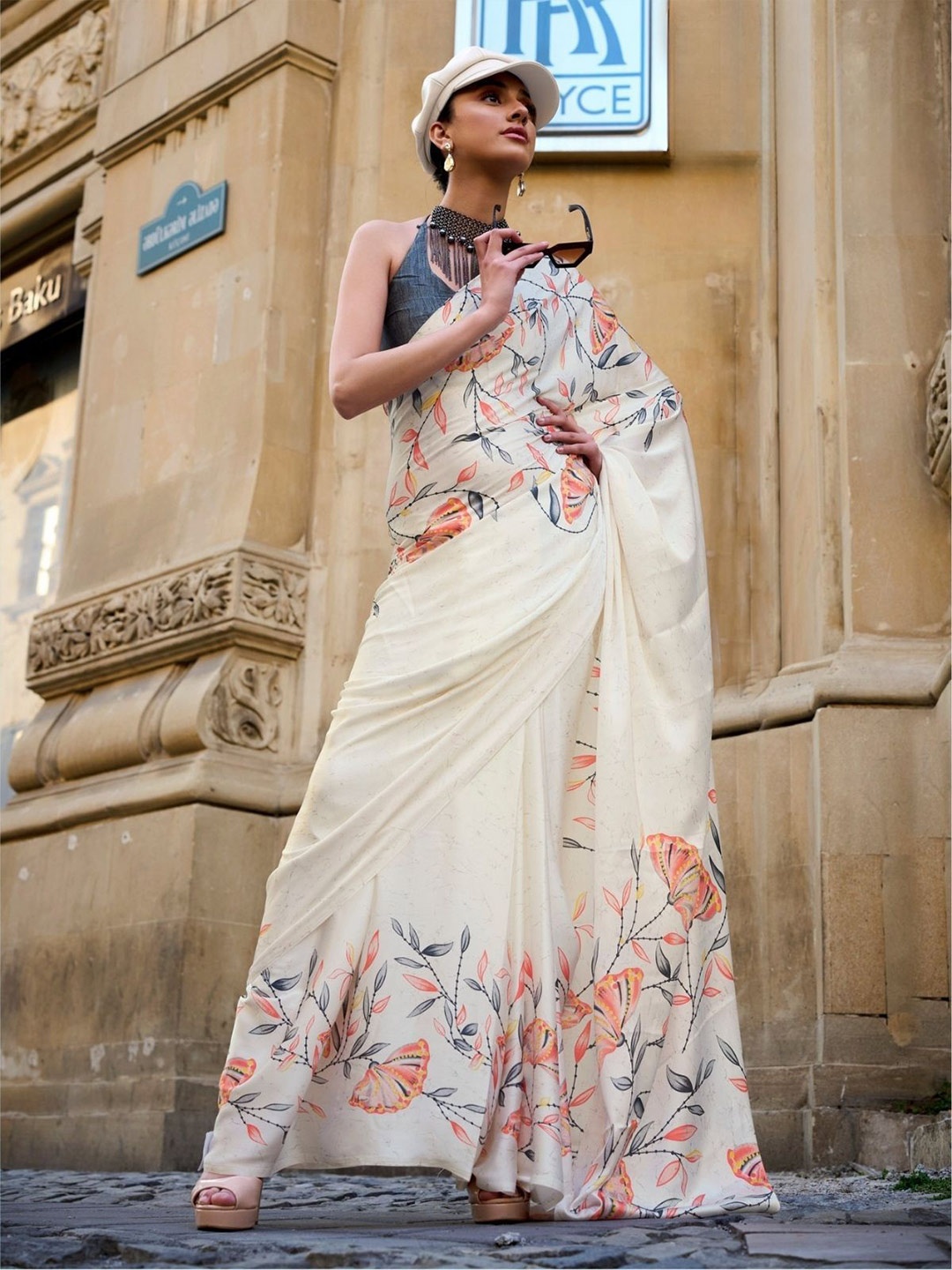 

ODETTE Floral Satin Saree, Cream