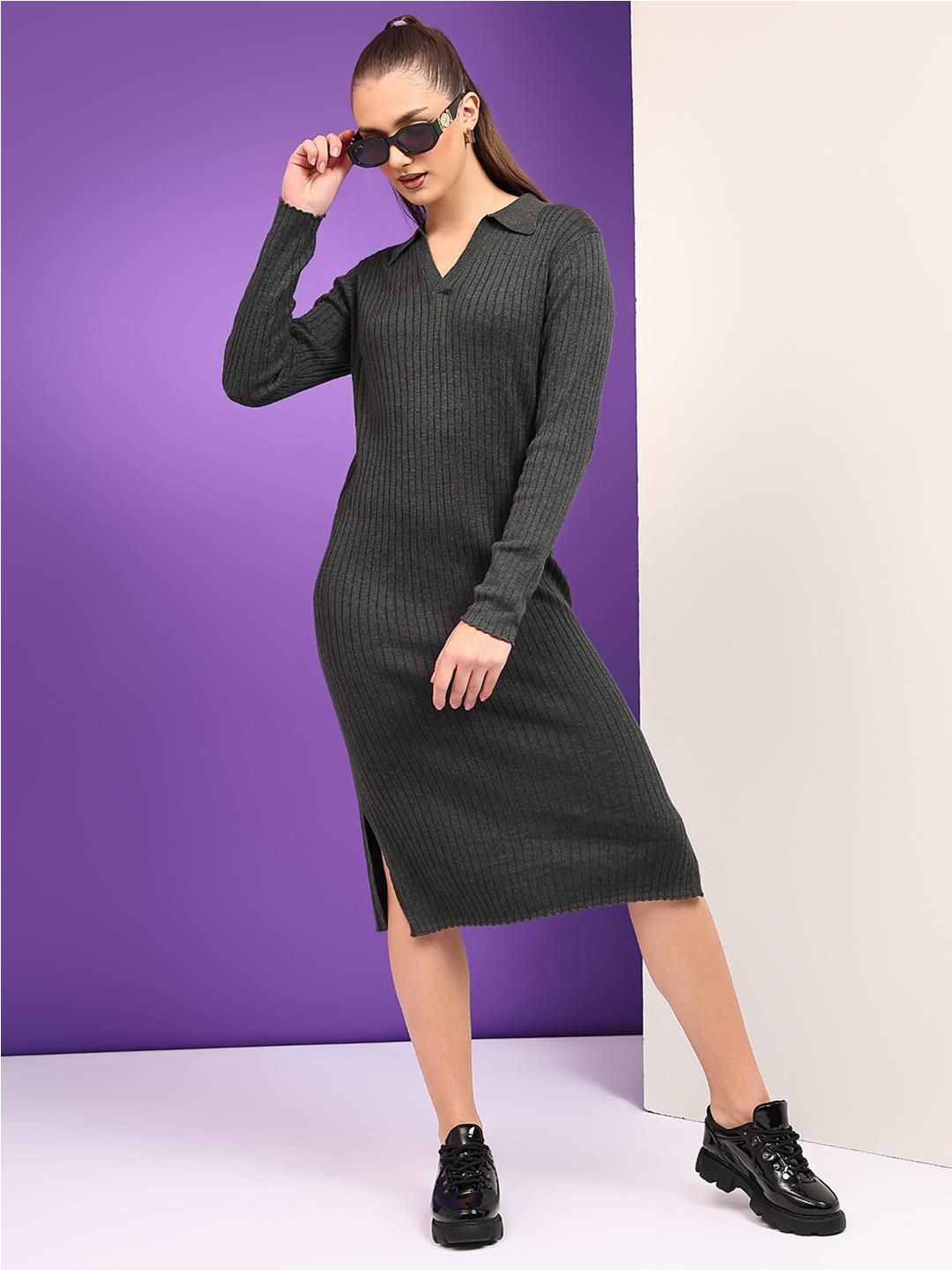 

Kotty Women Shirt Collar Cotton Midi Jumper Dress, Grey