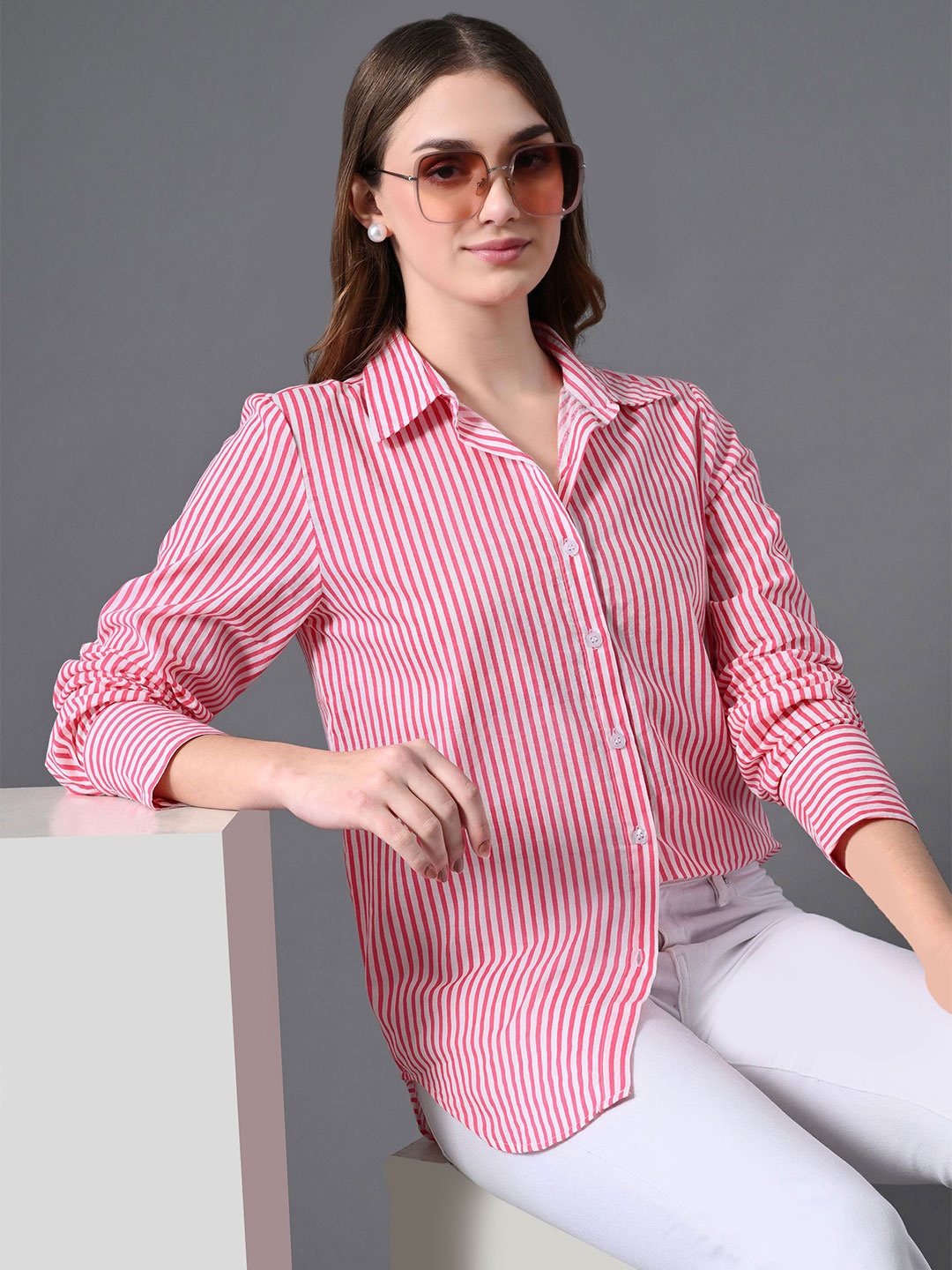 

HERE&NOW Women Standard Fit Spread Collar Vertical Striped Cotton Casual Shirt, Pink
