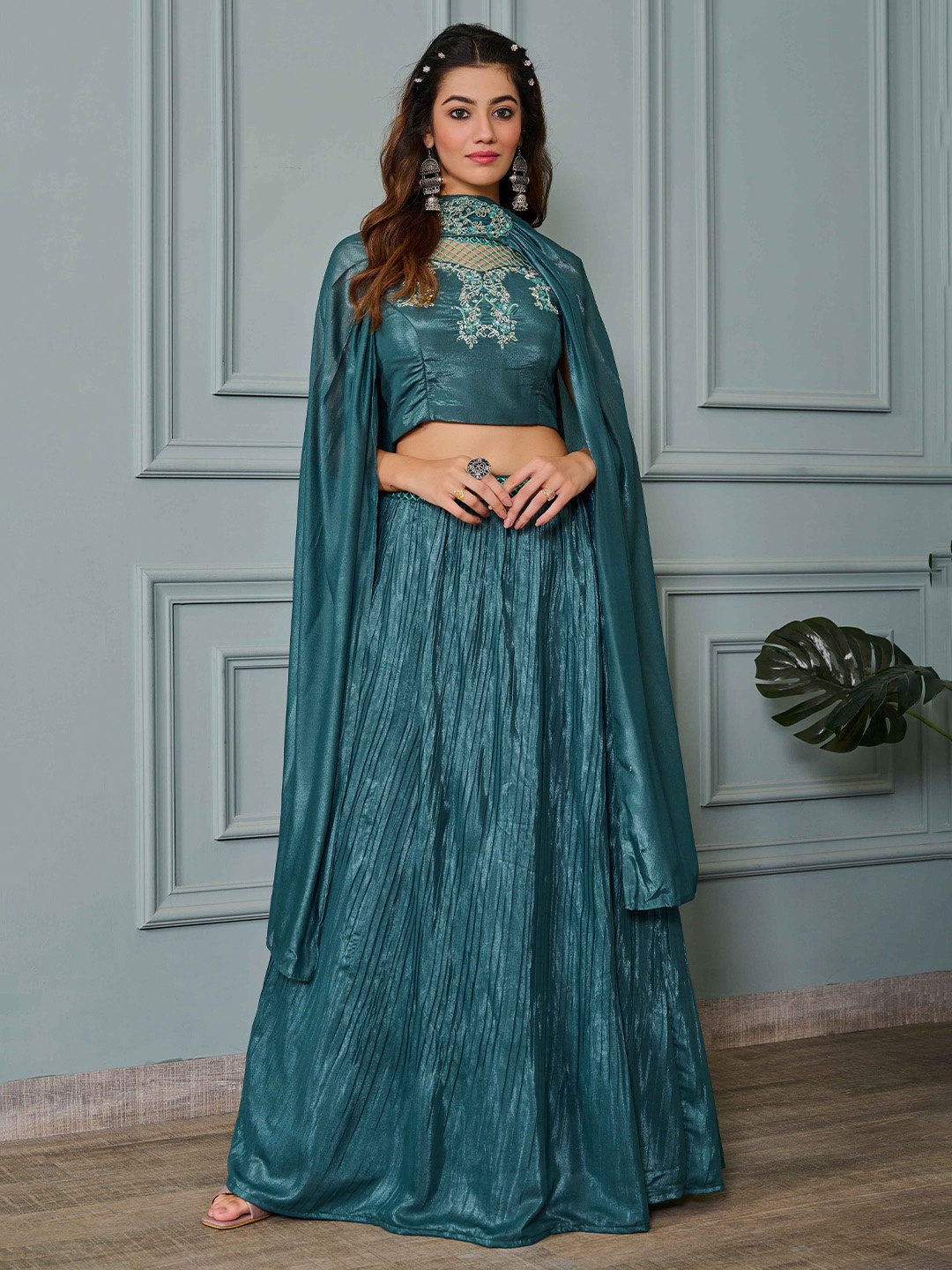 

Krimmple Embroidered Thread Work Ready to Wear Lehenga & Blouse With Dupatta, Green