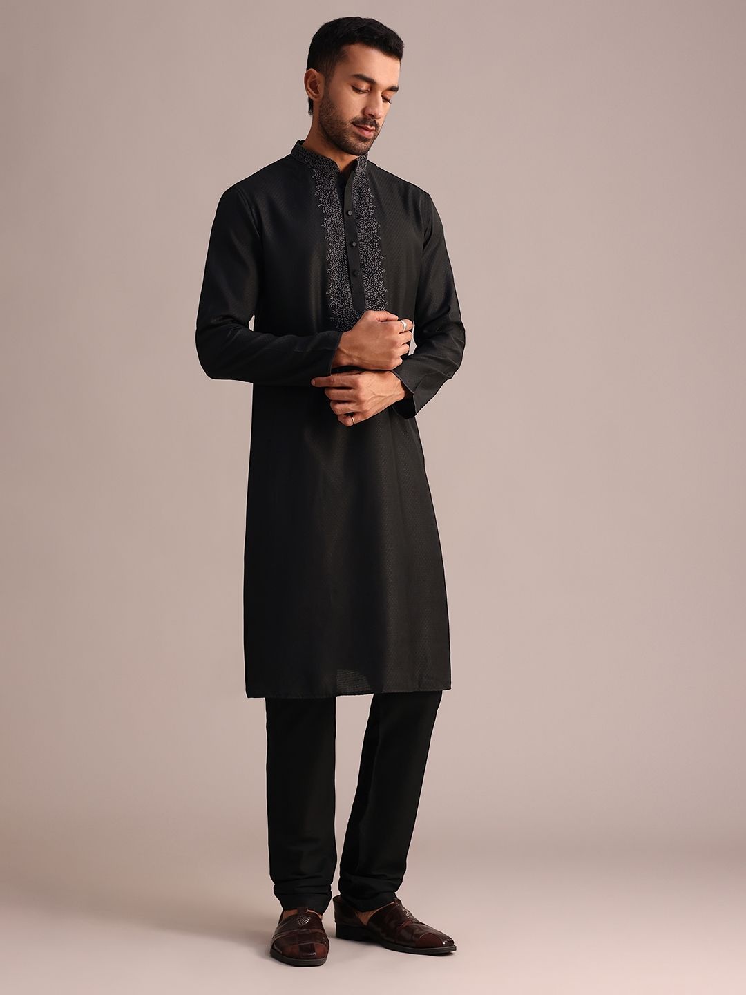 

KALKI Fashion Floral Yoke Design Mandarin Collar Thread Work Straight Kurta With Churidar, Black