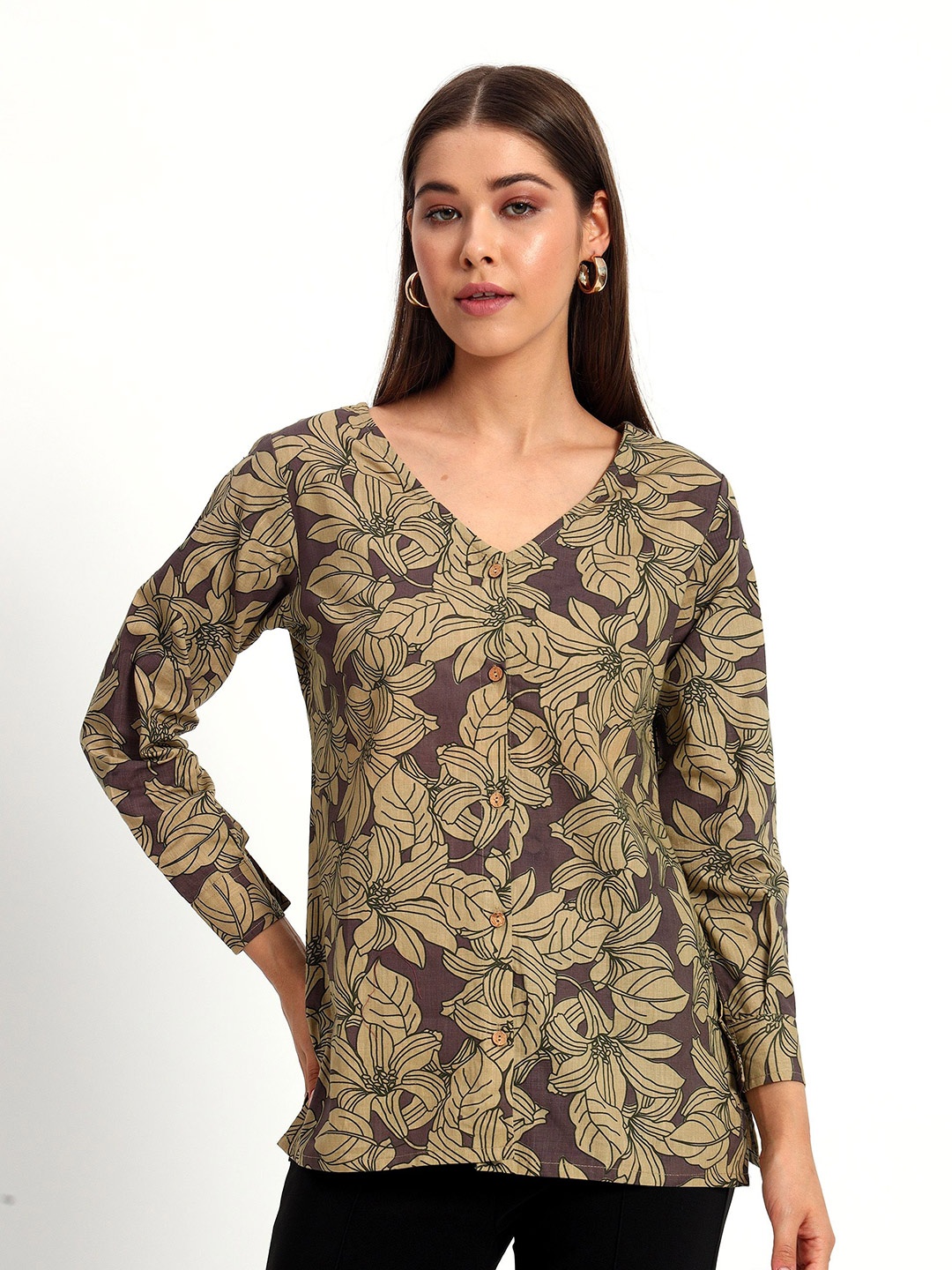 

Peikh Women Floral Printed Linen Top, Taupe