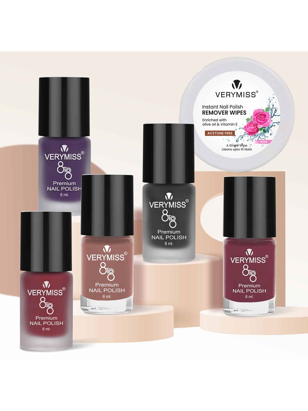 

VERYMISS Set Of 5 Trending Nail Polish - 6 ml Each With Free Nail Polish Remover Wipes - 4, Purple