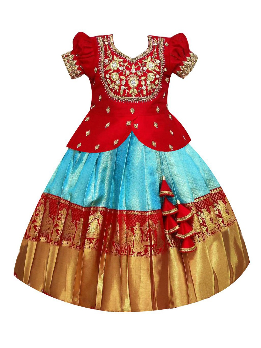 

Wommaniya Impex Girls Embroidered Thread Work Ready to Wear Lehenga &, Turquoise blue