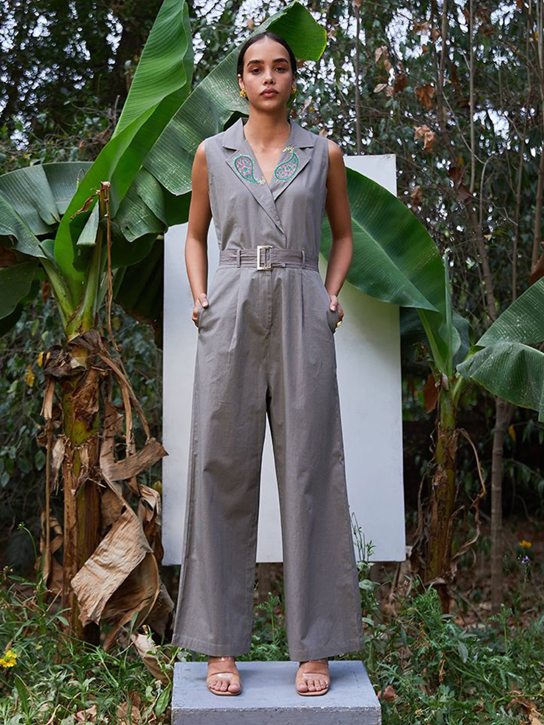 

Aamili Women Cotton Shirt Collar Basic Jumpsuit, Grey