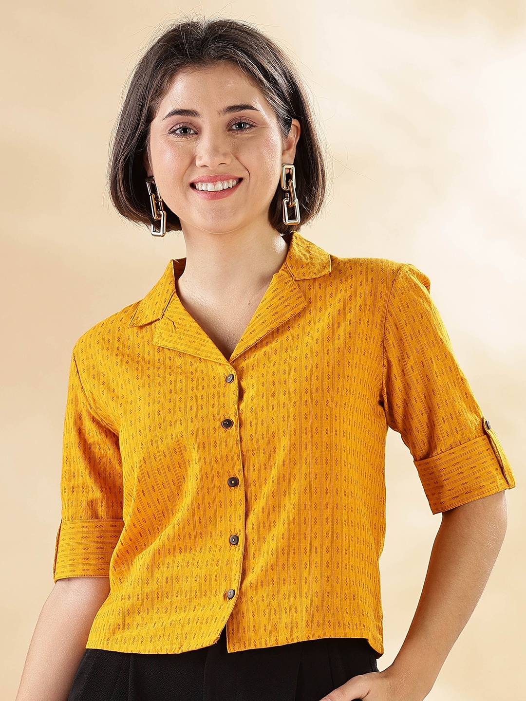 

Anouk Roll-Up Sleeves Cotton Shirt Style Crop Top, Mustard