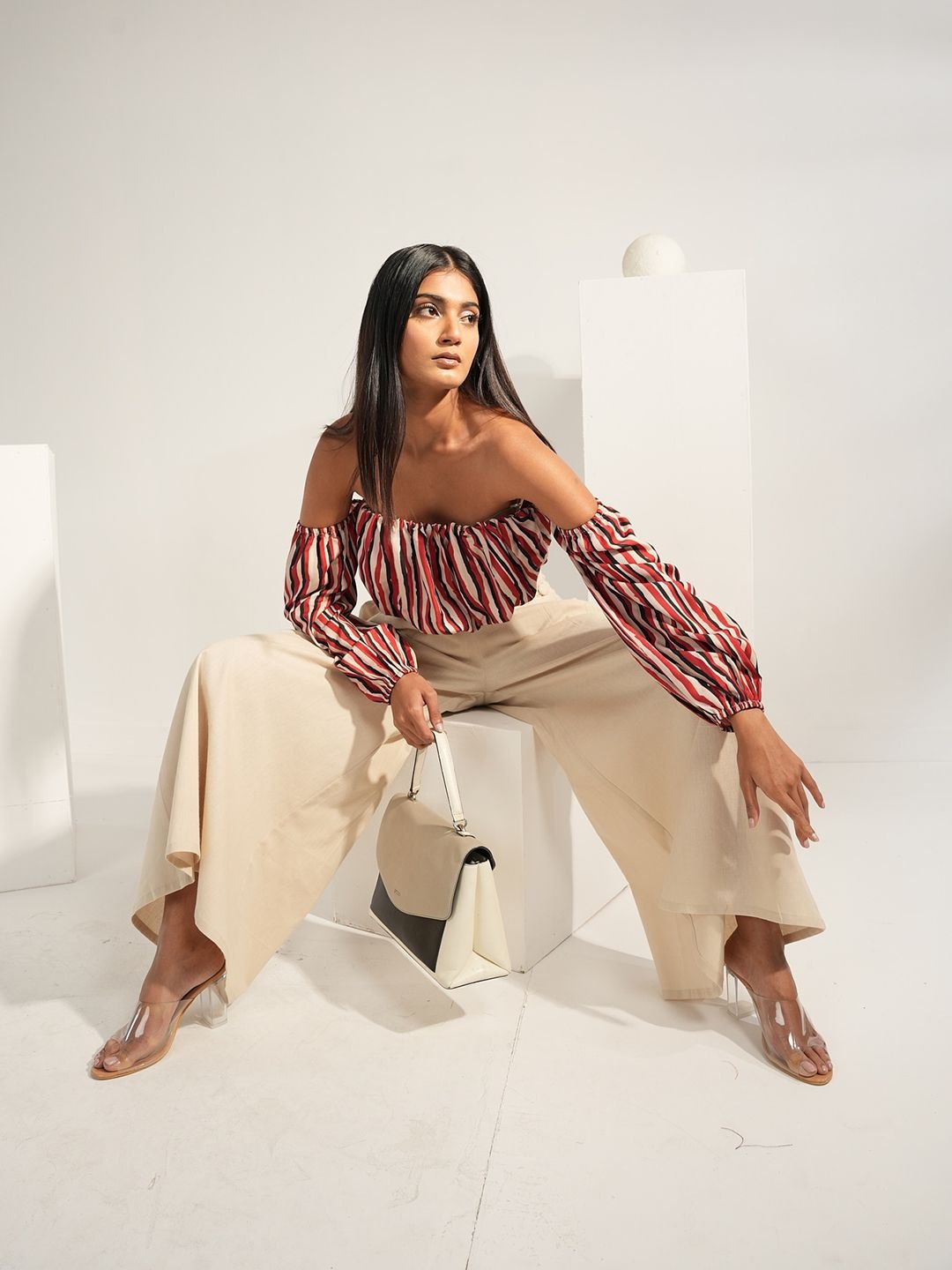 

Aamili Women Striped Top & Trouser Co-Ord Set, Beige