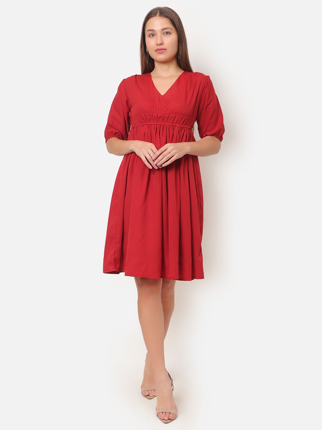 

ROSEMELON Women V-Neck Puff Sleeve Fit & Flare Dress, Maroon