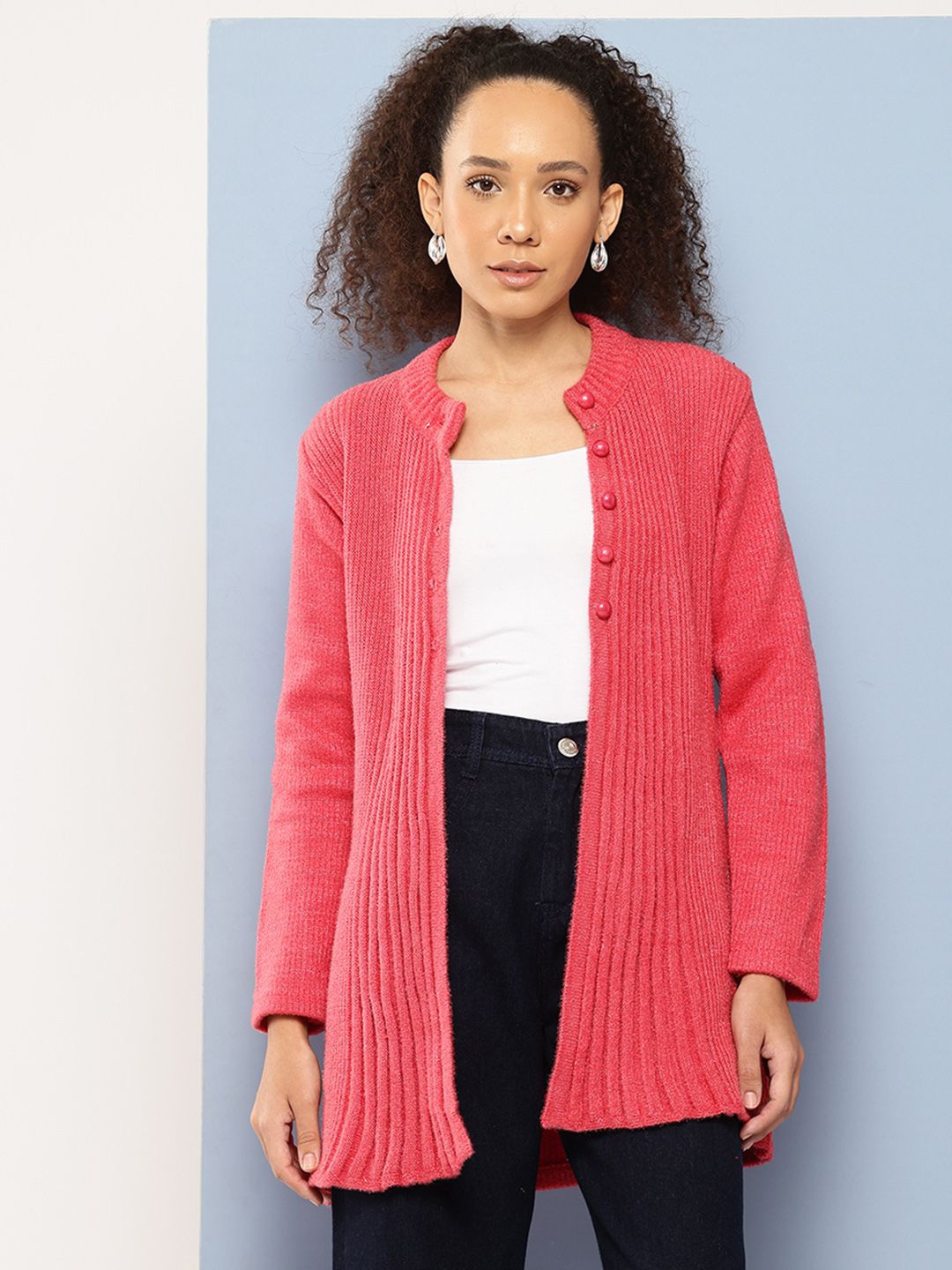 

BAESD Women Ribbed Mock Collar Woollen Longline Cardigan, Pink