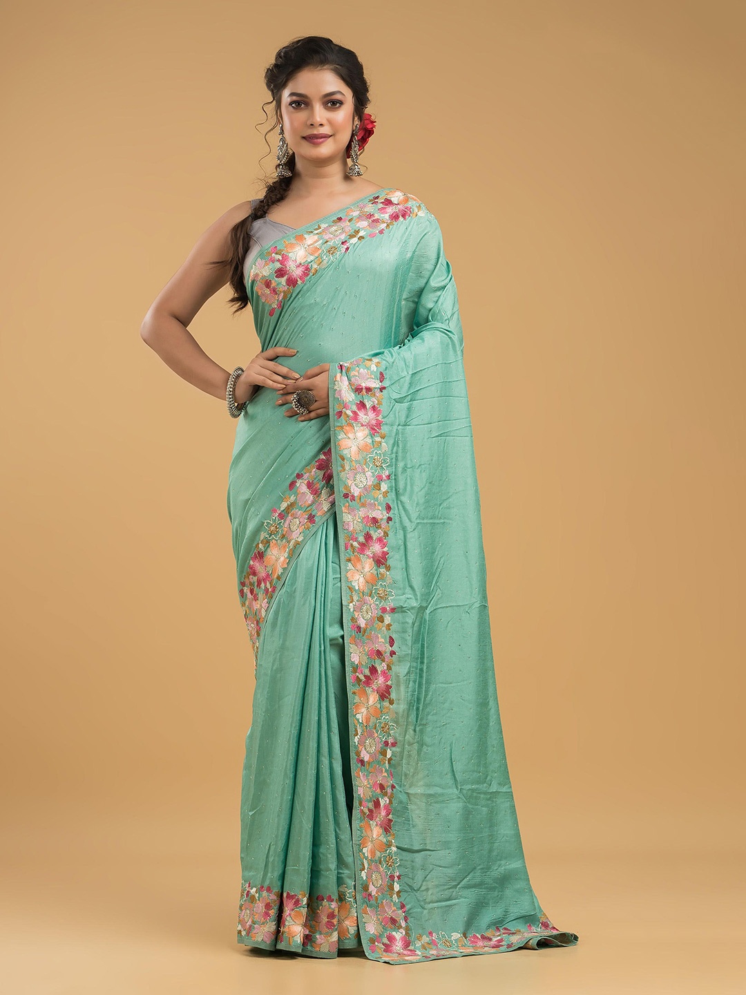 

Dheu Embellished Beads and Stones Pure Georgette Saree, Sea green