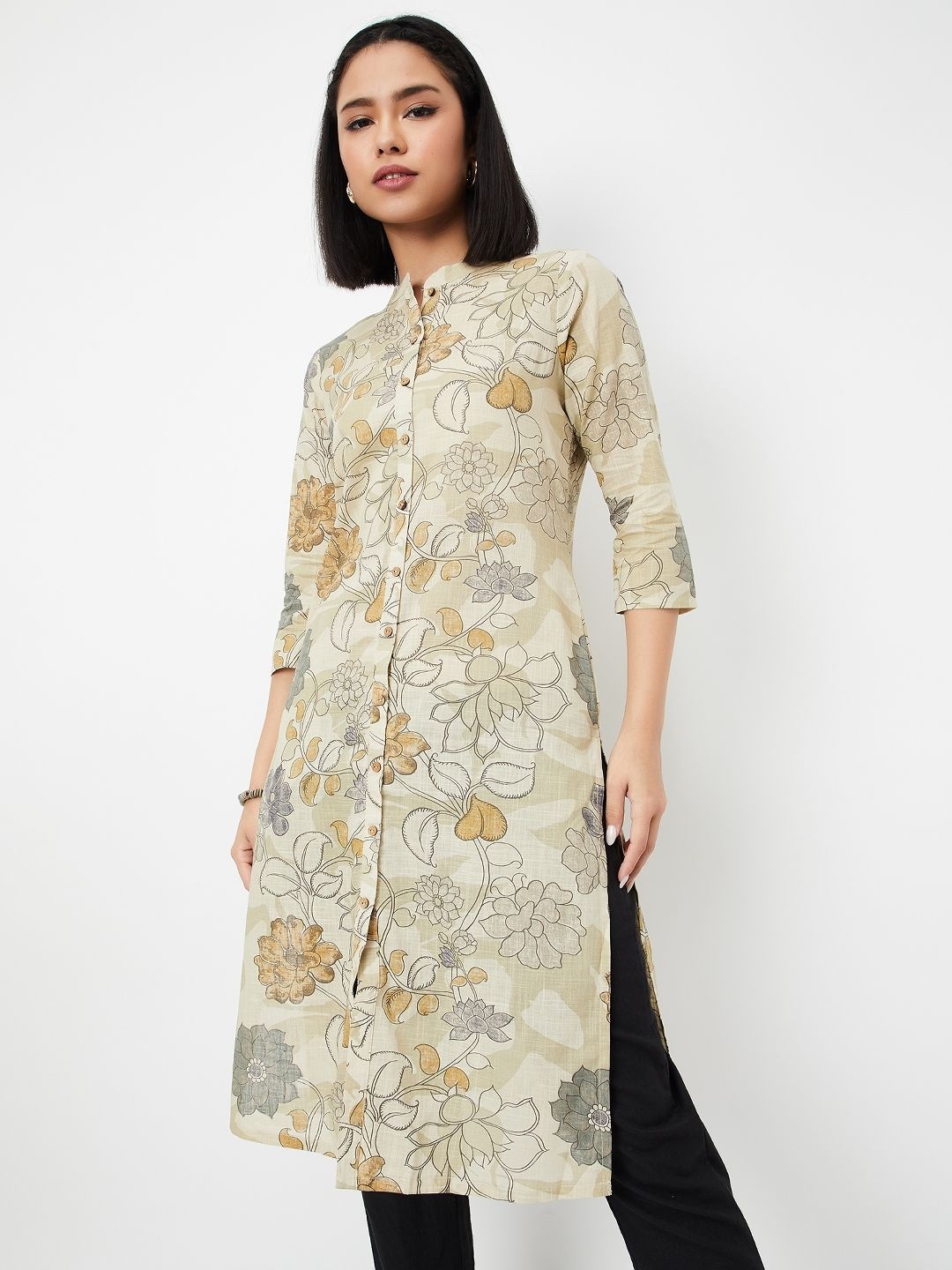 

max High Slit Floral Printed Mandarin Collar Cotton Straight Kurta, Beige