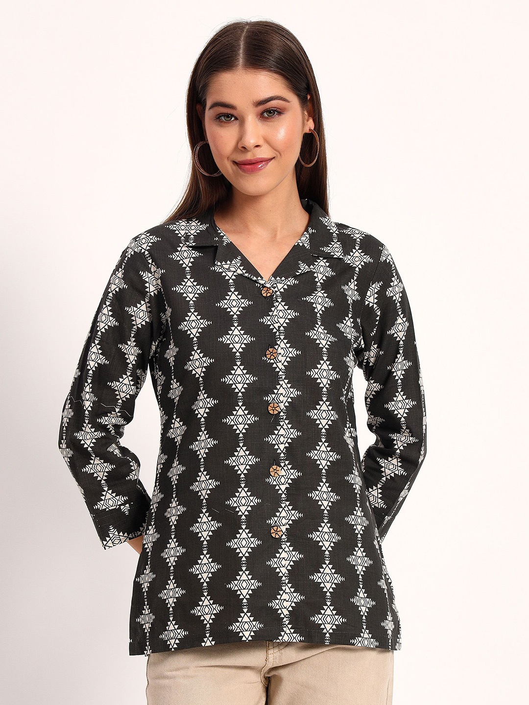 

Peikh Geometric Print Linen Top, Black