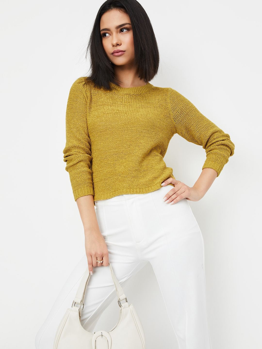 

max Women Cotton Round Neck Top, Yellow