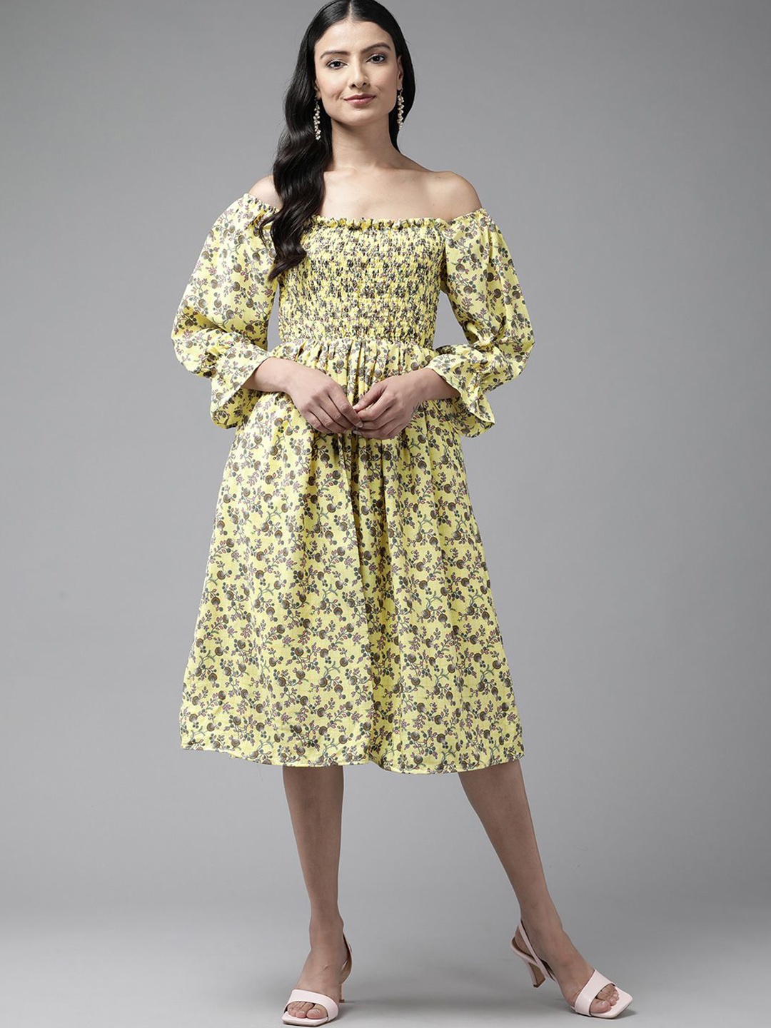 

BAESD Women Floral Printed Off-Shoulder Fit & Flare Midi Dress, Yellow