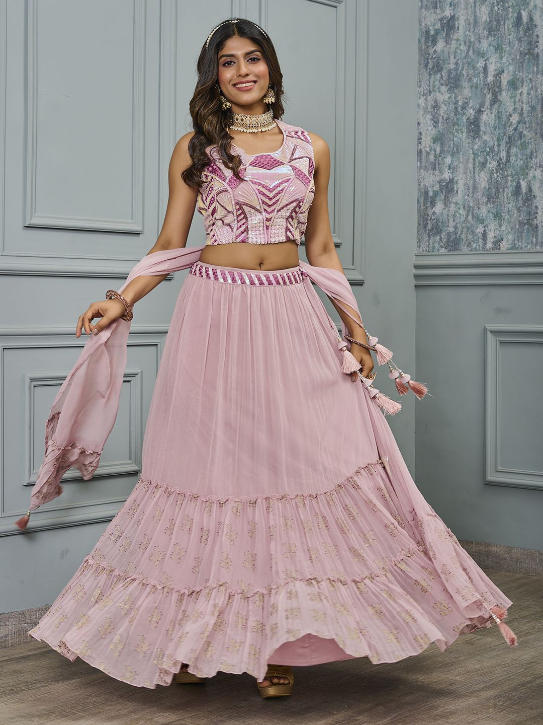 

Krimmple Geometric Embroidered Ready to Wear Lehenga & Blouse With Dupatta, Pink