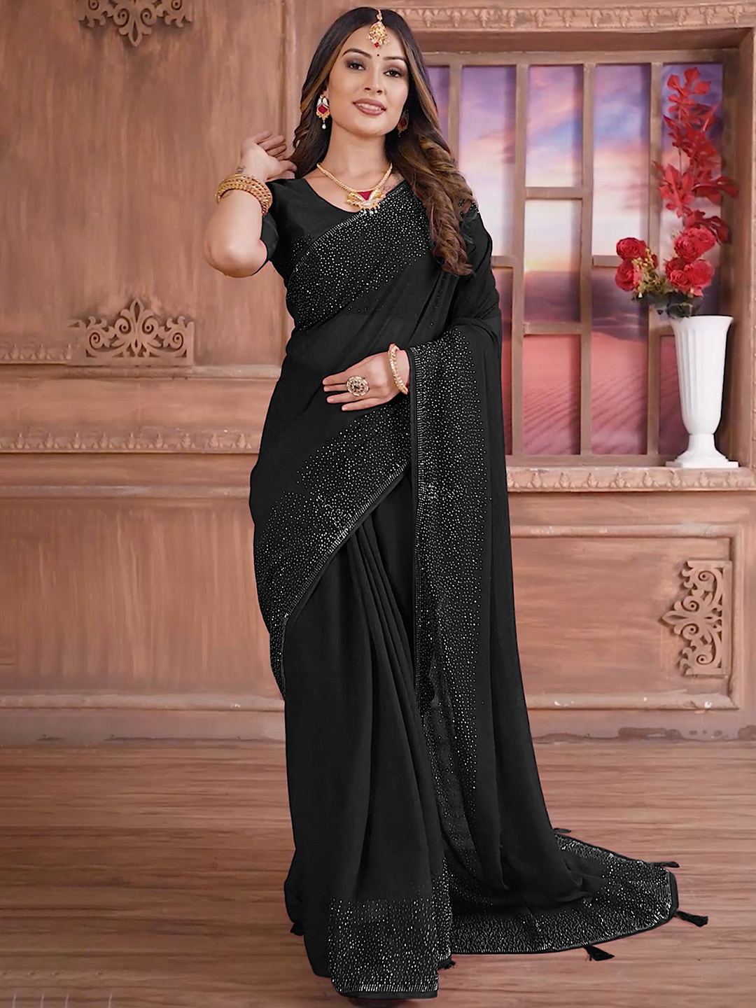 

SWADESI STUFF Pure Georgette Saree, Black