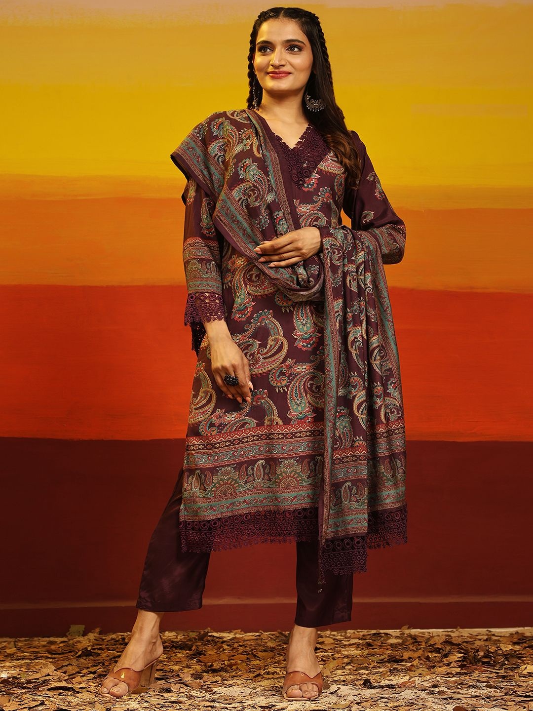 

Krimmple Women Floral Printed Regular Pure Silk Kurta with Pyjamas & With Dupatta, Brown
