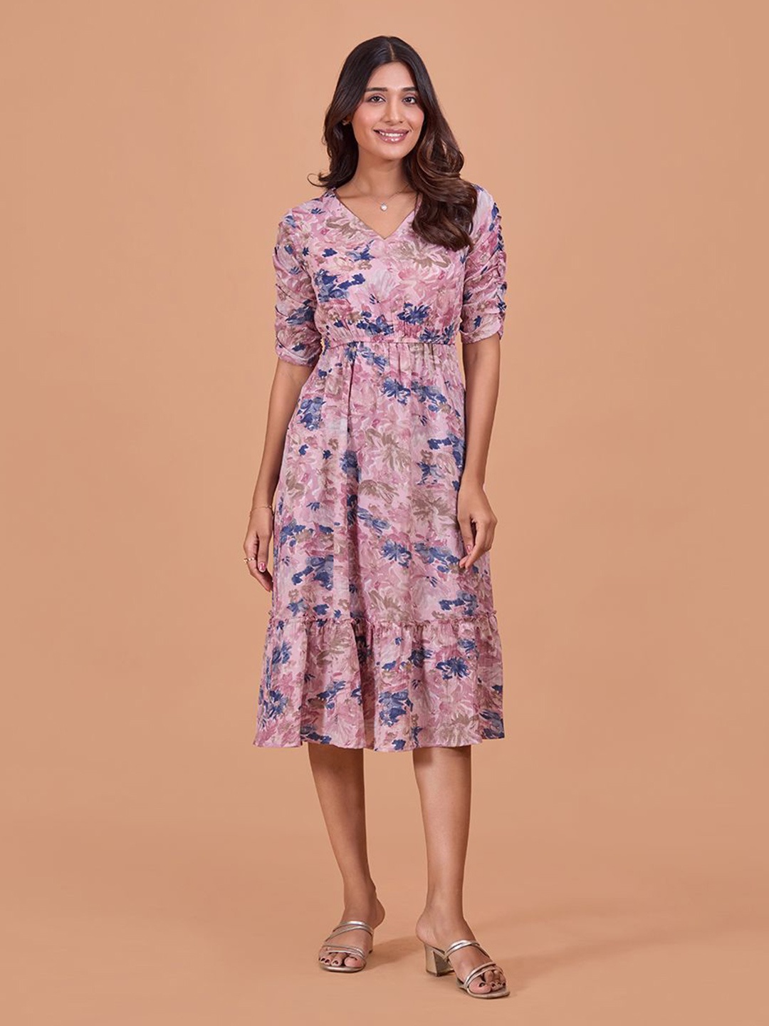 

Fashfun Floral Print Puff Sleeve Fit & Flare Midi Dress, Pink